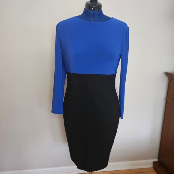 Ralph Lauren Blue and Black Long Sleeve Body Con Color Block Dress Size Med - Picture 1 of 10